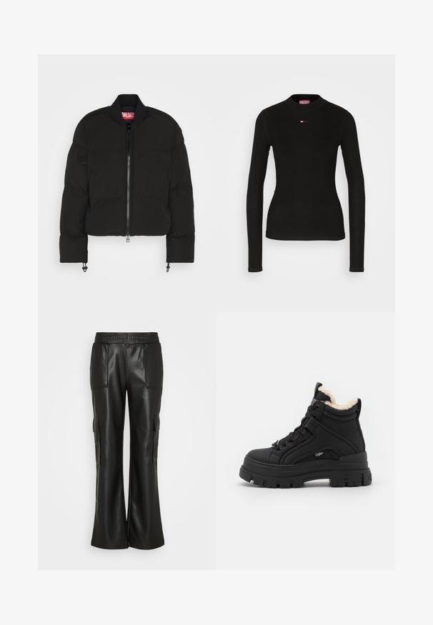 Diesel W-OLUCH - Veste d'hiver - black; T-shirt noir à manches longues en tissu à côtes, avec un col rond et un petit logo Diesel rouge brodé sur la poitrine.; Gina Tricot TROUSERS - Pantalon cargo - black; Buffalo ASPHA MID WARM - Bottines à lacets - black
