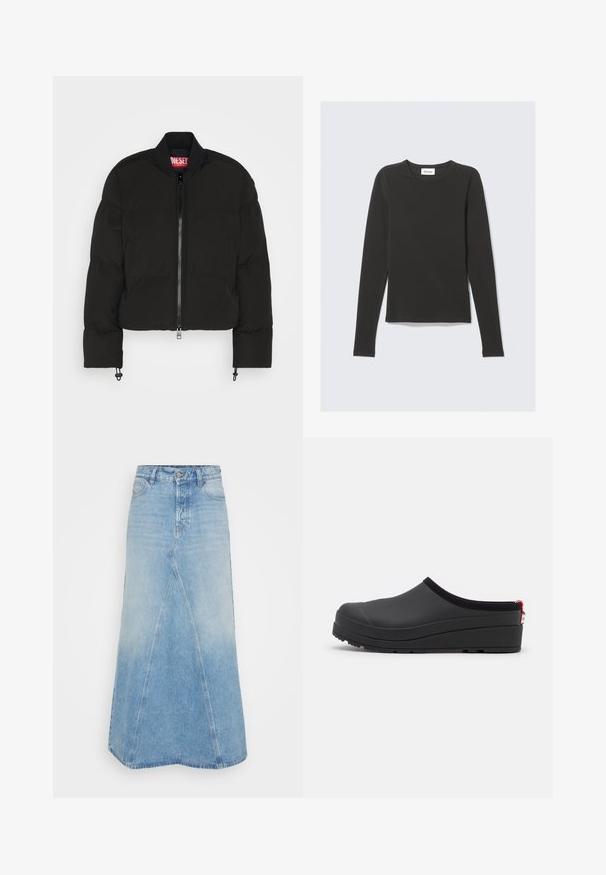 Diesel W-OLUCH - Χειμωνιάτικο μπουφάν - black; Μαύρο μακρυμάνικο μπλουζάκι με στρογγυλή λαιμόκοψη και στενή εφαρμογή, τοποθετημένο επίπεδα σε ανοιχτό γκρι φόντο.; Ανοιχτό μπλε τζιν φούστα με μακρύ, άλφα σχέδιο, που διαθέτει ραφή μπροστά και ακατέργαστο στρίφωμα. Περιλαμβάνει κλασικό σχέδιο πέντε τσεπών και θηλιές για ζώνη.; Μαύρες λαβές από καουτσούκ με στρογγυλή μύτη, με ανασηκωμένο πάτο και μαλακή μαύρη υφασμάτινη ταινία γύρω από τον λαιμό. Κόκκινη λεπτομέρεια ετικέτας στη φτέρνα.