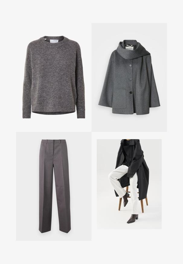 Grå frakke i uldblanding med stor, lagt krave, lukning med knapper foran og en enkelt sidelomme. Har en afslappet, oversized pasform.; Langærmet grå uldsweater til kvinder med rund hals, ribstrikkede manchetter og kant, mærket Selected Femme.; Grå skræddersyede bukser lavet af struktureret stof, med lige ben, flad front og bæltestropper.; Sort, oversized trenchcoat over en sort top, parret med hvide bukser og brune, spidse ankelstøvler, siddende på en træstol.