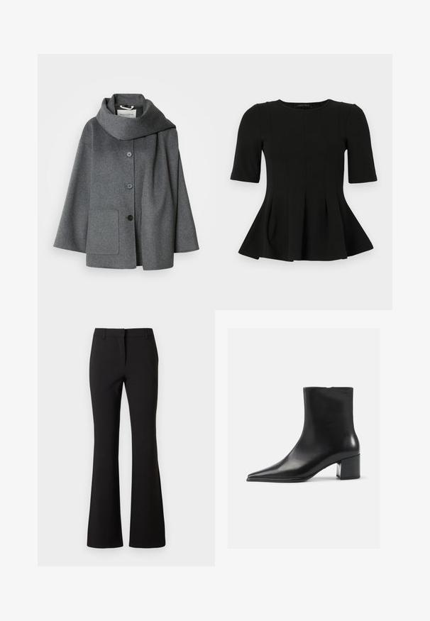 Manteau en mélange de laine grise avec un grand col plié, fermeture à boutons sur le devant et une poche latérale unique. Il présente une coupe décontractée et oversized.; Top en peplum noir à manches courtes avec un col rond et des détails de coutures verticales, présenté sur un fond blanc.; Pantalon évasé noir en tissu lisse, présentant un pli frontal, des passants de ceinture et une coupe ajustée. Design épuré sans motifs visibles.; Bottine en cuir noir avec un bout pointu, texture lisse et un talon bloc moyen. Design minimaliste, fermeture éclair à l'arrière.