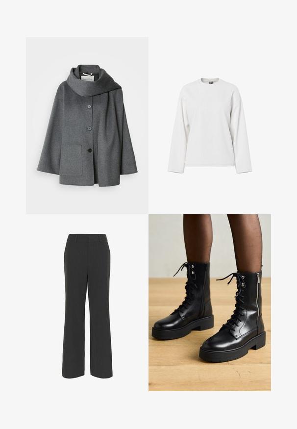 Grijze wollenmix jas met een grote, gevouwen kraag, knoopsluiting aan de voorkant en een enkele zijzak. Heeft een ontspannen, oversized pasvorm.; Witte sweatshirt met lange mouwen, een ronde halslijn, een ontspannen pasvorm en een zachte textuur. Geen zichtbare patronen of hardwaredetails.; Donkergrijze wijde broek gemaakt van een gestructureerde stof, met een platte voorkant, riemlussen en een schone zoom, geschikt voor formele of casual kleding.; Zwarte leren veterschoenen met chunky zolen, zijrits en metalen oogjes. Gladde afwerking met variërende textuur op de schacht.