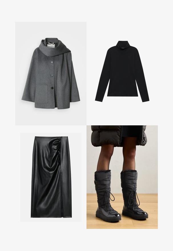 Grå frakke i uldblanding med stor, lagt krave, lukning med knapper foran og en enkelt sidelomme. Har en afslappet, oversized pasform.; Sort turtleneck med lange ærmer. Blødt stof, tætsiddende design, høj krave og sidesøm. Simpel og alsidig stil, der er velegnet til lag-på-lag.; Sort læderskirt med en glat overflade, der har en indsamlet sektion på den ene side og en skråning på siden for ekstra detaljer.; Knæhøje sorte pufferstøvler med fake fur kant, skinnende vandtæt overdel, tekstureret sål og justerbar snøre detaljer.