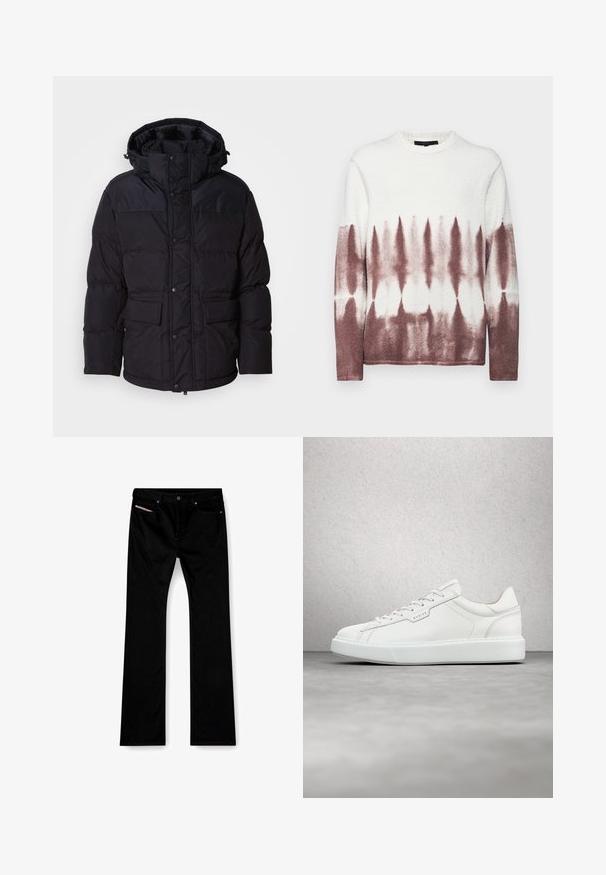 Chaqueta de plumón negra con capucha, que cuenta con cierre de cremallera y botón a presión, dos bolsillos frontales y textura acolchada.; Sudadera de cuello redondo de forro polar con un patrón de tinte anudado que presenta blanco en la parte superior y una transición a un tono burdeos en la parte inferior. Textura suave.; Jeans negros de pierna recta con botón y cremallera frontal, bolsillos delanteros y traseros, y una etiqueta blanca visible en el bolsillo delantero derecho.; Zapatilla de cuero blanca con punta redonda, cierre de cordones plano y suela de goma gris. Presenta costuras sutiles y un acento de logo.