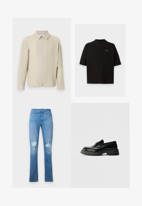 Lys gul og creme farvet stribet zip-up jakke med krave, lange ærmer og et struktureret strikkemønster. Har en frontlynlås.; Sort T-shirt med korte ærmer og rund hals med lille stiliseret hvidt tekstlogo på venstre bryst.; Lyseblå denim jeans med lige ben, med slidte knæ med frynser og klassisk femlomme-design.; Sorte læder loafers med en kraftig, tekstureret gummisål, der har en forreste rem og en subtil logo detalje på hælen.