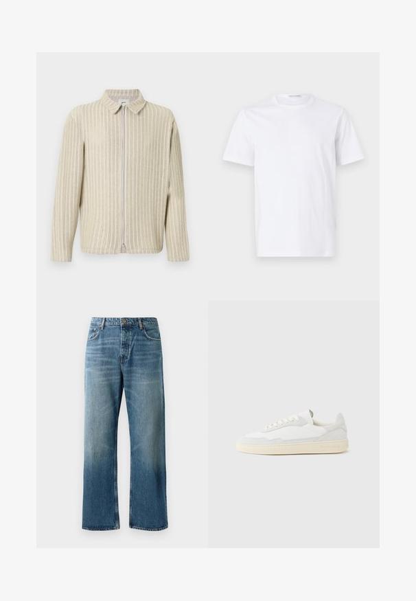 Lys gul og creme farvet stribet zip-up jakke med krave, lange ærmer og et struktureret strikkemønster. Har en frontlynlås.; Hvid bomulds t-shirt med rund halsudskæring og korte ærmer. Glat tekstur, lige snit og minimalistisk design uden mønstre eller accenter.; Lysblå brede jeans med en falmet vask, prydet med enkeltknaplukning, fem lommer og kontrastsyede detaljer.; Hvid sneakers med en øvre del i tekstureret ruskind og læder. Har rundet tå, snørelukning og kontrasterende beige gummisål.