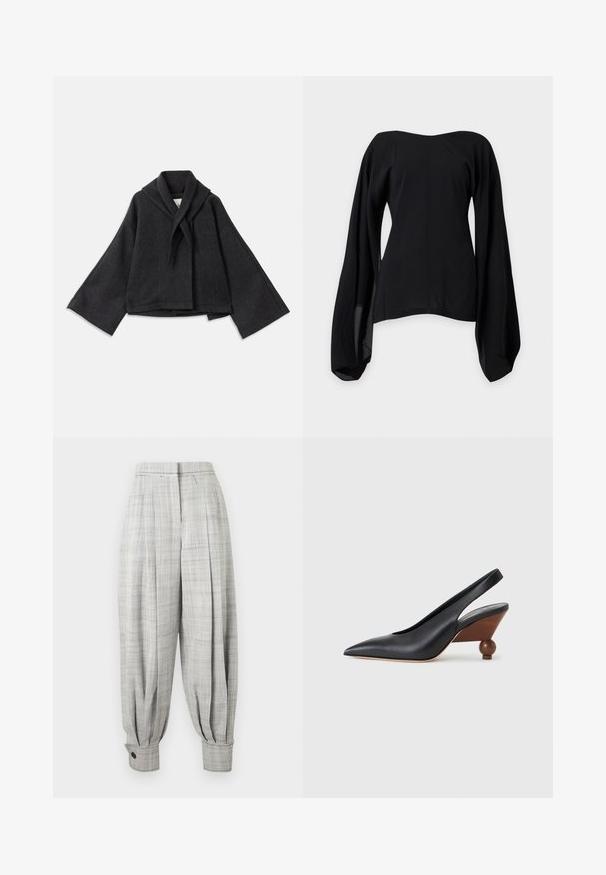 Veste en mélange de laine gris foncé avec des manches larges, un col châle et une coupe cropped. Présente une texture lisse avec une finition soignée.; Blouse noire épaules dénudées avec larges manches longues fluides et taille cintrée, présentée sur un fond gris clair uni.; Pantalon taille haute gris clair, coupe fuselée, motif écossais subtil, devant plissé et poignets à boutons à la cheville.; Chaussure à bout pointu noire avec bride arrière, talon bloc arrondi en bois et dessus en cuir lisse sur fond gris clair.