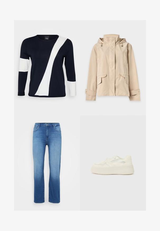 Beige Kapuzenjacke mit Frontreißverschluss, der durch eine Blende verdeckt ist, verstellbaren Bündchen mit Druckknöpfen und Klappentaschen mit Kordeldetails.; Navyblauer Pullover mit langen Ärmeln, der ein diagonales weißes Design und weiße Akzente an den Ärmeln aufweist. Aus weichem Strickmaterial gefertigt.; Hellblaue Jeans aus Denim mit geradem Schnitt, Fünf-Taschen-Design und einem ausgeblichenen Effekt am Saum. Knopfverschluss an der Taille.; Weiße Plateausneaker mit glattem Lederoberteil, genähten Akzenten und metallischen Streifen an der Seite. Abgerundete Zehenpartie und flache Gummisohle.