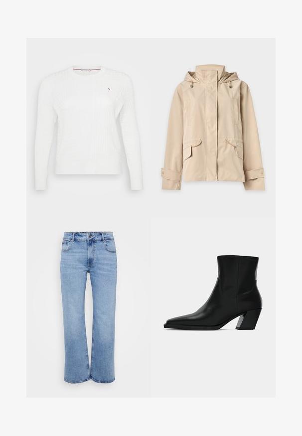 Beige hættejakke med forreste lynlås dækket af klap, justerbare ærmekanter med trykknapper og klaplommer med snore detaljer.; Hvid strikket sweater med et struktureret diamantmønster, rund halsudskæring og lange ærmer. Lille logoaccent på brystet.; Lysblå vidde jeans lavet af denim, med fem lommer, en frontlynlås og en knaplukning. Subtile syninger langs sømmene.; Sortlæder ankelstøvle med spids tå, en slank silhuet og en kraftig firkantet hæl. Glat tekstur med minimale stikninger.