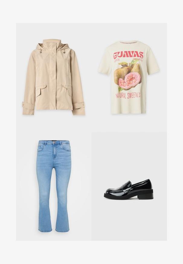 Chaqueta beige con capucha y cremallera frontal cubierta por solapa, puños ajustables con botones de presión y bolsillos con solapa y detalles de cordón.; Camisa de manga corta color crema con un gran gráfico de fruta de guayaba rosa y texto rojo que dice "GUAVAS" y "Natural Sweetness".; Jeans acampanados de color azul claro en denim de algodón. Tienen una cintura alta, cinco bolsillos y costuras visibles a lo largo de las costuras y el dobladillo.; Mocasines negros de charol con puntera redonda, tacón bajo y un acabado suave y brillante. Presentan una tira decorativa en la parte frontal.