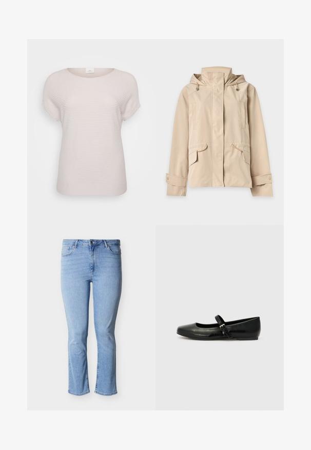 Beige hættejakke med forreste lynlås dækket af klap, justerbare ærmekanter med trykknapper og klaplommer med snore detaljer.; Lys beige ribbet t-shirt med korte ærmer, der har en rund halsudskæring og en afslappet pasform, lavet af blødt, struktureret stof.; Lyseblå denimjeans med lige pasform, fem-lomme design og knaplukning i taljen. Slidt tekstur på stoffet.; Sorte læder balletflade med rund tå, flad sål og en tynd justerbar rem over svangen med en metalspænde.