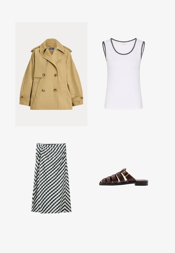 Beige dobbeltradet trenchcoat med brede slag, knappede skulderstropper, sidelommer og knappede manchetter.; Hvid ærmeløs ribbet top med sort trekantet kant langs udskæring og ærmegab, mærket "CREAM" inde i kraven.; Sort og hvid diagonalt ternet midi-nederdel med wrap-stil og lette folder på venstre side.; Mango Slip-on sandaler - brown