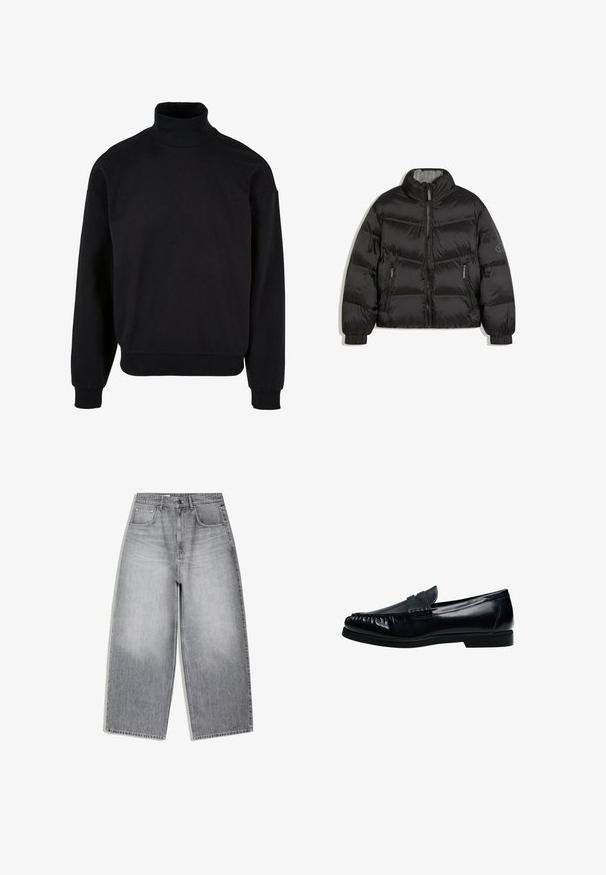 Doudoune noire avec col montant, fermeture éclair intégrale à l'avant, poches latérales zippées, poignets élastiques et logo discret sur la manche gauche.; Sweatshirt noir à col roulé avec une coupe décontractée, des manches longues et des poignets côtelés. Fabriqué en tissu doux et texturé.; Jean taille haute à jambes larges en denim gris délavé avec poches avant et ceinture à bouton.; Mocassin penny loafer pour homme en cuir noir avec bout moc cousu et petit talon, présenté de profil sur fond blanc.