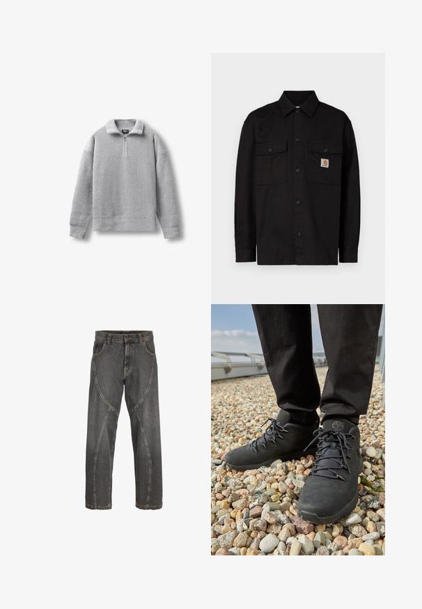 Chemise noire boutonnée en tissu durable, avec deux poches poitrine, un col pointu et une petite étiquette logo sur la poche gauche.; Pull-over tricoté gris clair à manches longues avec col à fermeture éclair jusqu'au quart, posé à plat sur fond blanc.; Jean noir délavé avec des coutures incurvées uniques à l'avant et un design standard à cinq poches.; Chaussures de randonnée noires en cuir texturé, avec des lacets robustes et un col de cheville rembourré, portées avec un pantalon sombre sur une surface de gravier.