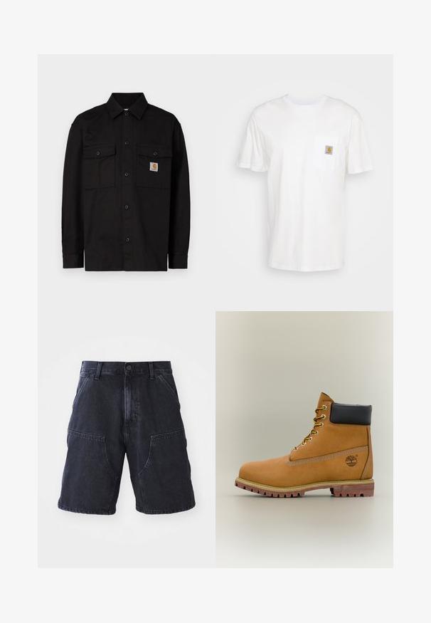 Sort skjorte med knapper lavet af holdbart stof, med to brystlommer, en spids krave og et lille logomærke på venstre lomme.; Hvid bomulds T-shirt med korte ærmer, en brystlomme, og et lille firkantet logo patch i orange og hvid på lommen.; Mørke denim shorts med lige snit, store forlommer og knaplukning; glat tekstur og minimale syninger.; Brun læderankelstøvle med sort krave, gule snørebånd og tanfarvet sål. Har logo og hvide syninger som detalje. Robust ydersål med greb.
