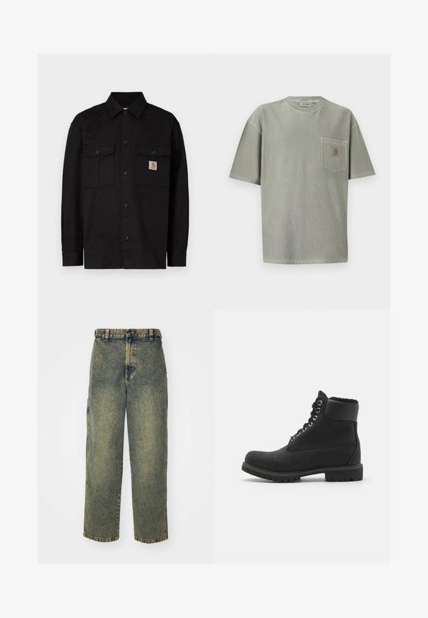 Sort skjorte med knapper lavet af holdbart stof, med to brystlommer, en spids krave og et lille logomærke på venstre lomme.; Lysegrå t-shirt med korte ærmer og rund hals med en venstre brystlomme med et lille brunt Carhartt-logo.; Slidse denim jeans i en falmet blå og grøn vask. Har en knaplukning, bælteløkker og sidelommer. Flad front og lige ben-design.; Sort ankelstøvle lavet af suede med en gummisål, der har metaløjer, snørebånd og en blød faux fur-krave rundt om toppen.