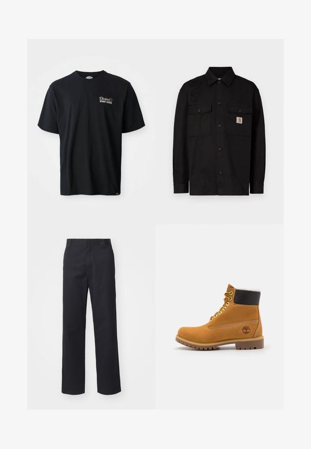 Zwart overhemdd met knopen, gemaakt van duurzaam materiaal, met twee borstzakken, een puntige kraag en een klein logolabel op de linker borstzak.; Zwarte katoenen T-shirt met korte mouwen. Bevat een geborduurd logo "Dickies Donut House" op de linker borst. Klassiek crew neck ontwerp.; Zwarte rechte broek van een katoenmix. Heeft een platte tailleband met riemlussen en geen zichtbare hardware of versieringen.; Bruine leren enkellaars met metalen oogjes, witte faux bont voering, zwarte gewatteerde kraag, robuuste zool en een reliëflogo aan de zijkant.