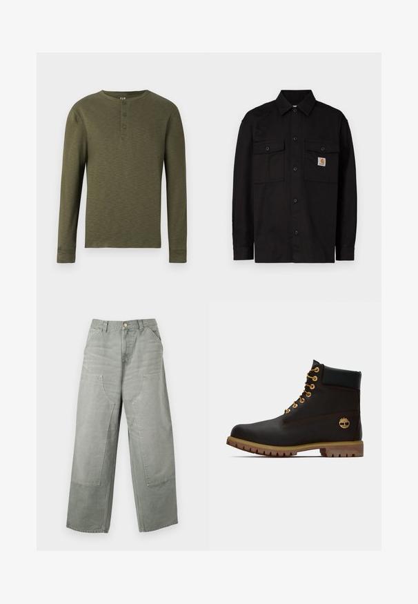 Zwart overhemdd met knopen, gemaakt van duurzaam materiaal, met twee borstzakken, een puntige kraag en een klein logolabel op de linker borstzak.; Olijfgroene henley shirt met lange mouwen, een ronde hals, drie knopen bij de kraag en een gestructureerde stofafwerking.; Loszittende, grijze broek met hoge taille en wijde pijpen, grote opgestikte voorzakken, lussen voor riem en knoopsluiting.; Zwarte leren enkellaars met gouden oogjes, bruine accenten en een rubberen zool. Heeft een gevoerde kraag en geperst logo aan de zijkant.