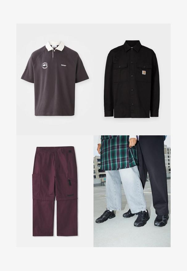 Schwarzes Hemd mit Knöpfen aus langlebigem Stoff, mit zwei Brusttaschen, spitzem Kragen und einem kleinen Logolabel auf der linken Tasche.; Dunkelgrau Poloshirt mit einem weißen Kragen, gesticktem Logo auf der Brust und kurzen Raglanärmeln. Hergestellt aus weichem Material.; Burgunderfarbene Cargo-Hose, wandelbar, mit seitlichem Reißverschlussfach und Timberland-Logo am rechten Bein, mit verlängertem Innenbein.; Schwarze Sportschuhe mit Mesh- und Gummielementen. Kombiniert mit hellgrauen weiten Jeans und einem karierten grünen Oberteil. Flacher Hintergrund.