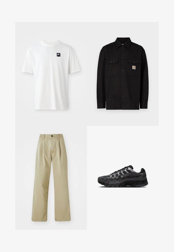 Zwart overhemdd met knopen, gemaakt van duurzaam materiaal, met twee borstzakken, een puntige kraag en een klein logolabel op de linker borstzak.; Witte katoenen t-shirt met korte mouwen en een ronde hals; heeft een klein zwart rechthoekig Nike Air logo op de linkerkant van de borst.; Beige wijde broek gemaakt van katoen, met een hoge taille, plooien aan de voorkant en een enkele knoopsluiting.; Zwarte hardloopschoenen met een bovenwerk van mesh en synthetisch materiaal, voorzien van een gestructureerde zool, een opvallende zwarte Nike-swoosh en een versterkte neuskap.
