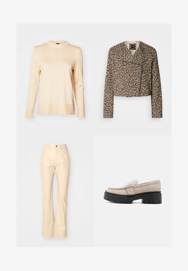 Veste de motard raccourcie en tissu texturé beige avec imprimé léopard noir. Elle dispose d'une fermeture éclair diagonale, d'un col cranté et de deux poches latérales.; Pull à manches longues beige clair en maille douce, avec un col rond et un ourlet et des poignets côtelés. Détail logo subtil sur le côté.; Pantalons évasés en simili cuir beige avec une texture lisse, dotés de poches avant, d'une fermeture à bouton et d'une finition légèrement brillante.; Mocassin en daim beige avec boucle argentée et semelle épaisse noire, vue de côté sur fond blanc.
