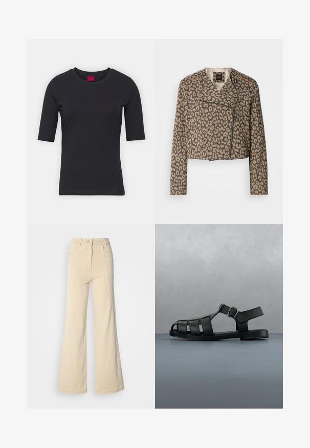 Veste de motard raccourcie en tissu texturé beige avec imprimé léopard noir. Elle dispose d'une fermeture éclair diagonale, d'un col cranté et de deux poches latérales.; T-shirt noir en coton avec manches courtes, col rond et design minimaliste. Présente une étiquette de marque rouge au niveau du col.; Jeans beige à jambes larges avec taille haute, poches avant, et couture contrastée, dotés d'une fermeture à bouton et d'une texture en coton lisse.; Sandale pour homme en cuir noir avec des brides à bout fermé, une boucle latérale et une semelle plate, vue de profil sur fond blanc.