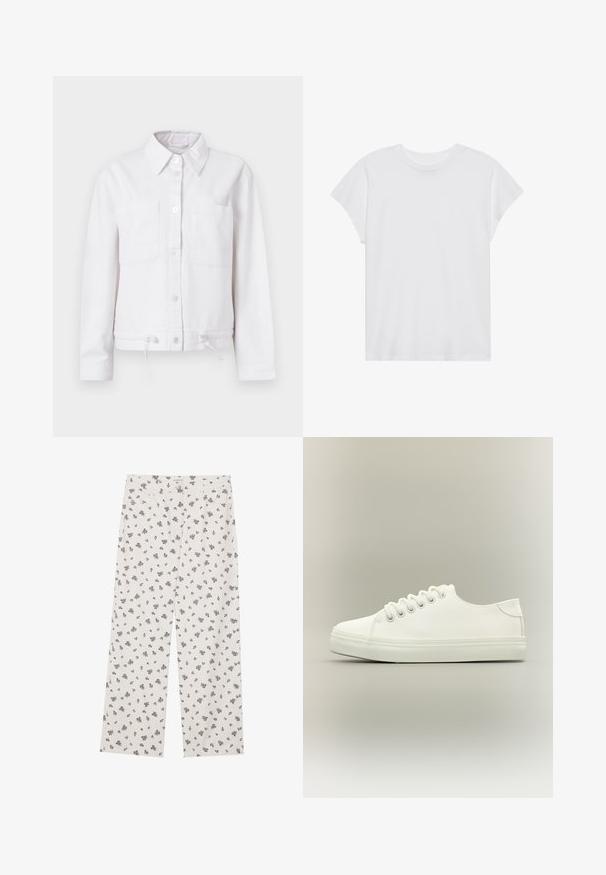 Witte katoenen jas met lange mouwen, knoopsluiting aan de voorkant, twee borstzakken en verstelbare trekkoord aan de onderrand. Gladde textuur, met kraag ontwerp.; Witte t-shirt met korte mouwen, ronde hals, relaxte pasvorm, gemaakt van zacht katoen. Glad textuur, geen patronen of logo's.; Witte stoffen broek met een klein zwart bloemenpatroon, wijde pijpen, en een standaard tailleband met voorzakken.; Witte lage sneaker met witte veters en rubberen zool, zijaanzicht op een neutrale achtergrond.