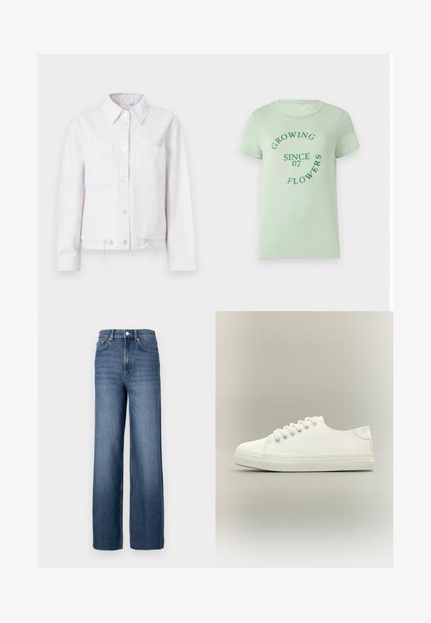 Veste en coton blanc à manches longues, fermeture à boutons, deux poches poitrine et cordon de serrage réglable à l'ourlet. Texture lisse, design avec col.; T-shirt en coton vert clair avec des manches courtes. L'avant présente un texte circulaire : "Fleurs en Croissance Depuis 07" en vert et rose. Encolure arrondie.; Jean en denim bleu avec une taille haute et une coupe à jambes larges. Présente un design classique à cinq poches et des détails en métal sur les boutons.; Baskets basses blanches avec lacets blancs et semelle en caoutchouc, vues de côté sur un fond neutre.