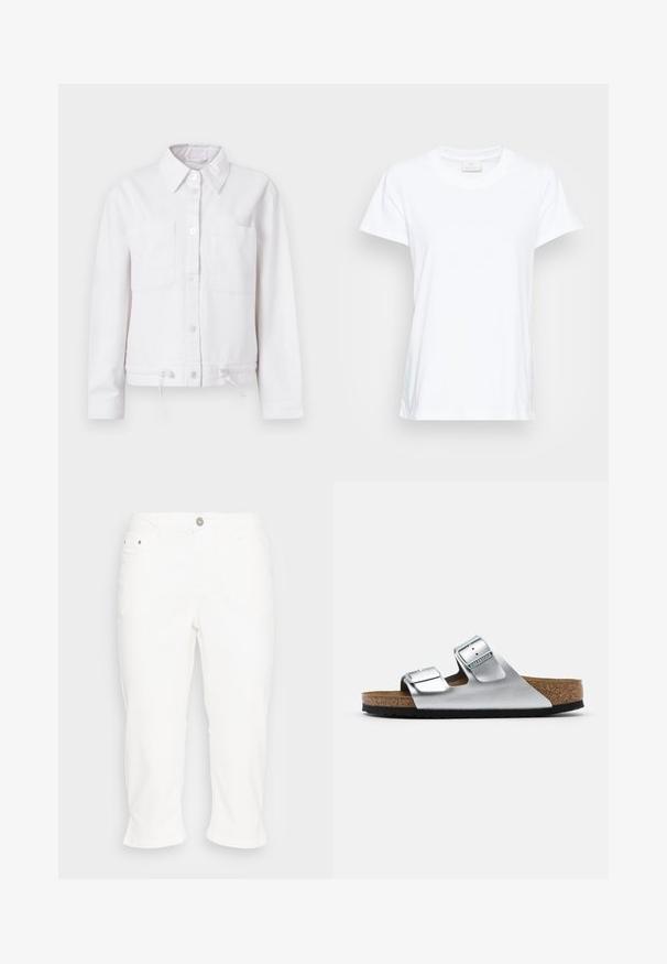 Veste en coton blanc à manches longues, fermeture à boutons, deux poches poitrine et cordon de serrage réglable à l'ourlet. Texture lisse, design avec col.; T-shirt blanc à manches courtes en coton doux. Il présente un col rond et une coupe légèrement ample avec des fentes sur les côtés pour un confort accru.; Kaffe KAZELINA - Jean droit - chalk; Sandale en cuir argenté avec deux boucles réglables, semelle en liège et semelle en caoutchouc noir texturé. Design ouvert à l'avant avec des bords doux.