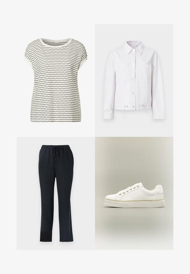 Veste en coton blanc à manches longues, fermeture à boutons, deux poches poitrine et cordon de serrage réglable à l'ourlet. Texture lisse, design avec col.; Haut blanc à manches courtes avec des rayures horizontales noires, présentant un col rond et une coupe décontractée. Texture douce avec des coutures visibles.; Pantalons noirs à coupe décontractée avec une taille élastique et un cordon de serrage. Fabriqués en tissu léger, avec une texture lisse et des jambes droites.; Basket blanche basse avec œillets dorés et fine bande dorée au-dessus de la semelle, vue de profil sur un fond neutre.