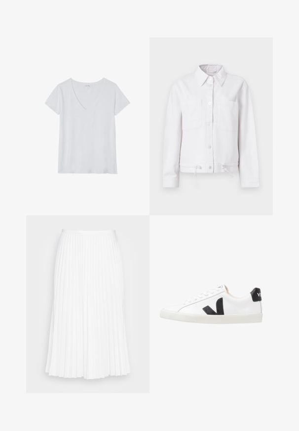 Chaqueta de algodón blanca con mangas largas, cierre frontal de botones, dos bolsillos en el pecho y cordón ajustable en el dobladillo. Textura suave, diseño con cuello.; Camiseta blanca de cuello en V con mangas cortas, hecha de un tejido ligero, con una textura suave y un corte relajado. Sin patrones ni detalles.; Falda blanca plisada con un diseño de longitud media. Fabricada con una tela suave, presenta pliegues nítidos y espaciados uniformemente. Cintura elástica.; Zapatilla blanca con un logo en V negro, con una parte superior de cuero liso, puntera redonda, cierre de cordones y una lengüeta en el talón de color negro en contraste.