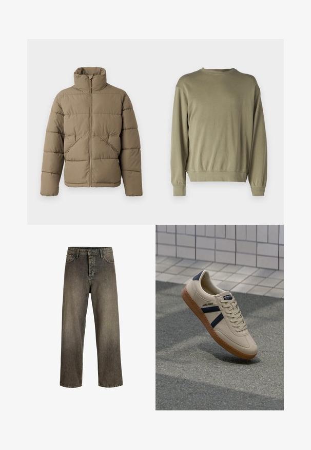 Only & Sons ONSPACK LIFE PUFFER JACKET - Winterjacke - walnut; Olivgrüner Pullover mit langen Ärmeln aus einer weichen Baumwollmischung. Hat einen runden Halsausschnitt und gerippte Bündchen mit einer lockeren Passform.; Dunkelgraue weit geschnittene Jeans mit einem verwaschenen Finish, Fünf-Taschen-Design, Knopfverschluss und Gürtelschlaufen. Hergestellt aus strapazierfähigem Denim-Stoff.; Beige Sneaker mit strukturierter Oberfläche, dunkelblauen Streifen und Gummisohle. Verfügt über eine gepolsterte Zunge und ein traditionelles Schnürsystem für einen sicheren Sitz.