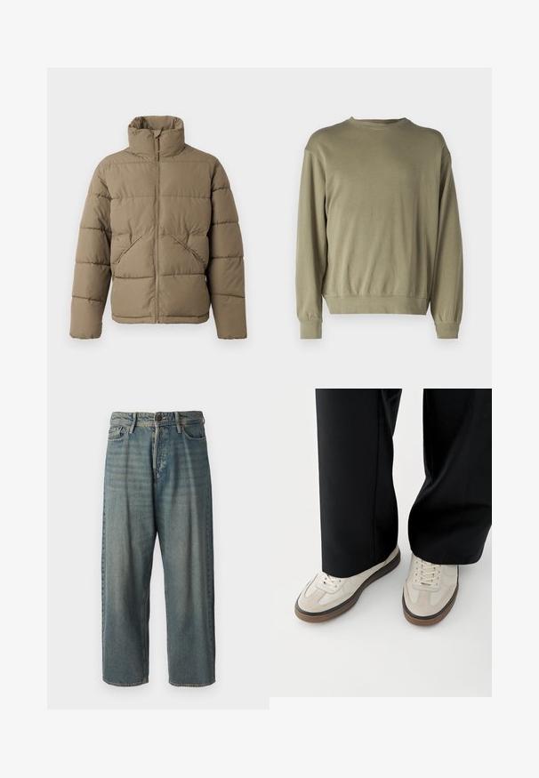 Only & Sons ONSPACK LIFE PUFFER - Zimná bunda - walnut; Olivovo zelená mikina s dlhým rukávom vyrobená z mäkkej zmesi bavlny. Má okrúhly výstrih a rebrované manžety s voľným strihom.; Svetlomodré denimové nohavice so voľným strihom, stredne vysokým pásom a rovnými nohavicami. Obsahujú päť vreciek, pútka na opasok a zapínanie na gombík.; Nohy v béžových teniskách s hnedými podrážkami a čierne široké nohavice na bielom pozadí.