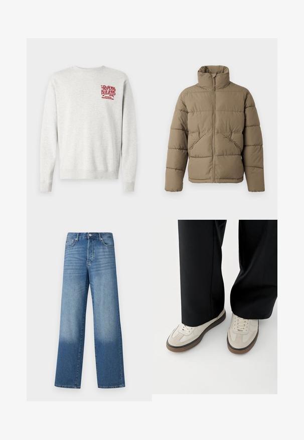 Only & Sons ONSPACK LIFE PUFFER JACKET OTW VD - Talvitakki - walnut; Harmaa puuvillane sweatshirt, millel on ribbikudumiga mansetid ja äär, ning punane trükitud bränding rinnal. Klassikaline ümmargune kaelaaugu disain.; Siniset vyötäröltä korkeat suorat farkut, joiden reiteissä on haalistumia ja tummempaa varjostusta haalareiden lähellä, näkyy etupainike ja taskut.; Jalat, joissa on beigejä tennareita ruskeilla pohjilla ja mustat leveälahkeiset housut valkoisella taustalla.