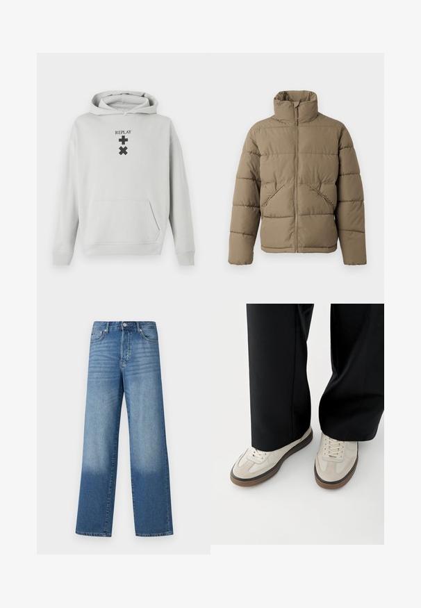 Only & Sons ONSPACK LIFE PUFFER JACKET - Vinterjakker - walnut; Lys grå hoodie med en frontlomme, prydet med sort "REPLAY" tekst og grafiske symboler. Blødt stof, afslappet pasform, ribbet manchetter.; Blå højtaljede strækte jeans med falmede områder på lårerne og mørkere skygger nær kanten, synlig frontknap og lommer.; Fødder iført beige sneakers med brune såler og sorte bukser med vide ben på hvid baggrund.