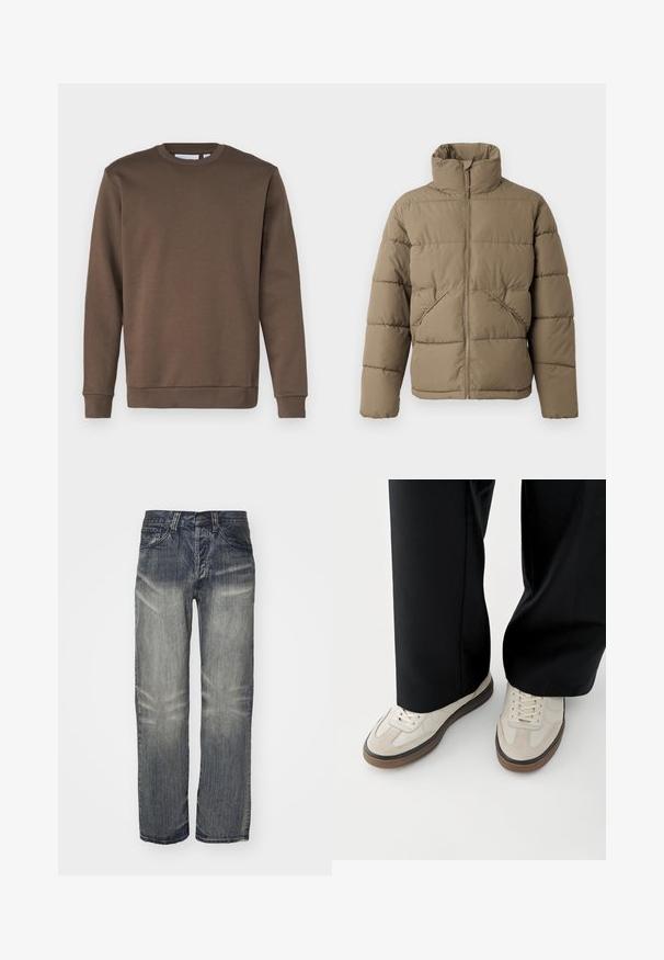 Only & Sons ONSPACK LIFE PUFFER JACKET - Winterjacke - walnut; Only & Sons ONSCERES CREW NECK - Sweatshirt - major brown; Dunkelblaue Denim-Jeans mit einer lockeren Passform, verwaschen, mit fünf Taschen und einem Knopfverschluss. Gerades Bein-Design; strukturiertes Material.; Füße mit beigen Sneakers mit braunen Sohlen und schwarzen Hosen mit weitem Bein auf weißem Hintergrund.