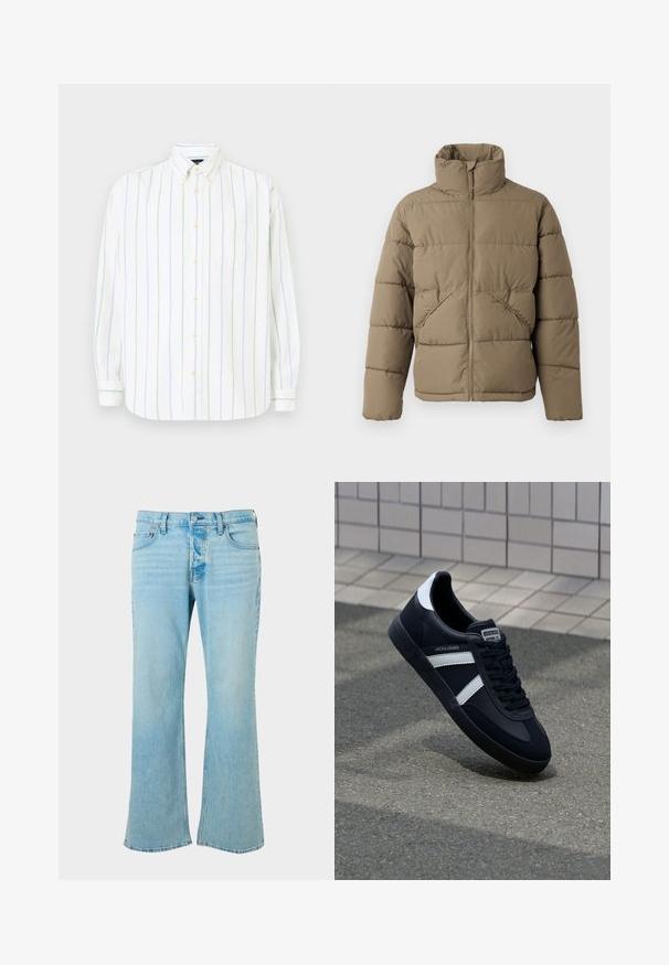 Only & Sons ONSPACK LIFE PUFFER JACKET - Zimná bunda - walnut; Biela košeľa s dlhým rukávom, vertikálnymi svetlozelenými a modrými pruhmi, s gombíkovým zapínaním, špicatým golierom a jednou náprsní špz.; Svetlomodré džínsy s rozšírenými nohavicami, so zvýšeným pásom, piatimi vreckami a zapínaním na gombík. Hladká textúra, vyblednutý vzhľad.; Čierne kožené tenisky s bielymi pruhmi, textúrovanou gumovou podrážkou a šnurovaním vpredu. Obsahujú označenie značky na jazyku.