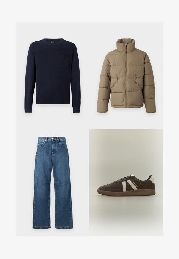 Only & Sons ONSPACK LIFE PUFFER JACKET - Chaqueta de invierno - walnut; Camiseta de manga larga color marino, hecha de algodón, con un escote redondeado y un pequeño bolsillo en el pecho del lado izquierdo. Textura suave.; Vaqueros de mezclilla azul con un ajuste relajado, piernas rectas, costura visible y un cierre de botón en la parte delantera. Presenta un bolsillo lateral con un acento.; Zapatilla deportiva de ante marrón con rayas blancas, talón blanco, suela de goma y el texto "JACK & JONES" en el lateral, mostrada de perfil sobre un fondo liso.