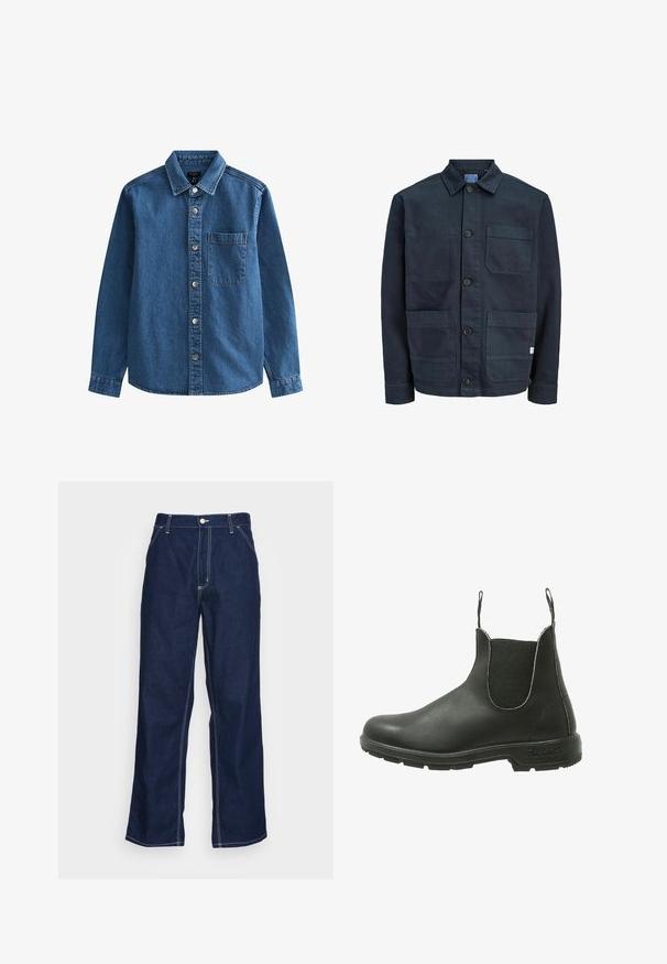 Donkerblauw denimmerk met kraag, knoopsluiting aan de voorkant, borstzak en lange mouwen met knoopmanchetten.; Donkerblauw jack met knopen, vier zakken aan de voorkant, lange mouwen en een standaard kraag.; Donkerblauwe denim broeken met wijde pijpen, met een hoge taille, voorzakken en contrasterende witte stiksels langs de naden.; Zwarte leren Chelsea-boot met elastische zijpanelen, ronde neus en een textuur rubberen zool, ontworpen voor gemakkelijke instap.