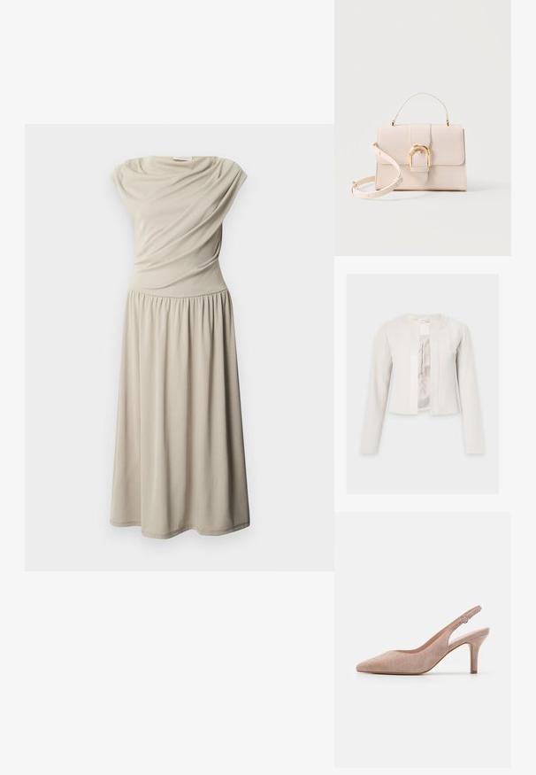 Cremefarbene kurze Jacke mit langen Ärmeln und rundem Ausschnitt, vorne offen mit seidigem Innenfutter.; Ärmelloses beiges Midikleid mit geraffter Taille und drapierten Stoffdetails am Oberteil, auf weißem, einfarbigem Hintergrund dargestellt.; Slingback-Pumps aus weichem beigem Wildleder, mit spitzer Zehenform, schlankem Absatz und verstellbarem Knöchelriemen mit einer runden Schnalle.; Beige strukturierte Handtasche mit obere Trageschlaufe, abnehmbarem Schulterriemen und goldfarbenem, gebogenem Schnappverschluss vor hellem Hintergrund.