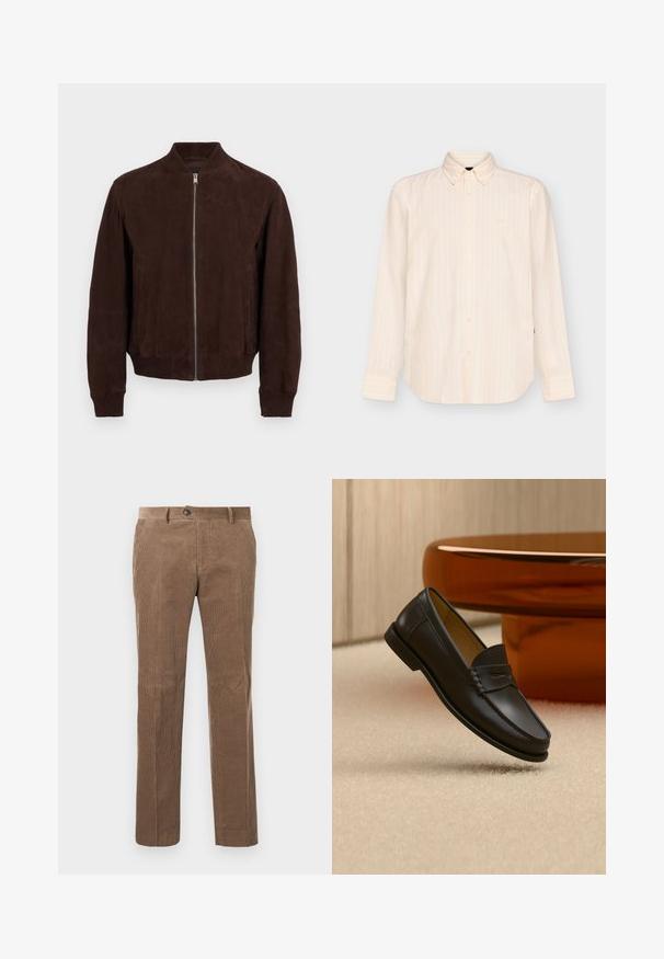 Chaqueta bomber de ante marrón oscuro con cremallera frontal, cuello, puños y dobladillo acanalados, y bolsillos laterales con aberturas.; Camisa beige de manga larga con botones, con sutiles rayas verticales y cuello clásico, mostrada sobre un fondo liso y claro.; Pantalones de pana marrones con textura de ribete vertical, diseño de pierna recta, cierre de un solo botón y dos bolsillos frontales.; Zapato mocasín de cuero negro suspendido sobre una alfombra beige con muebles modernos de color ámbar en el fondo.