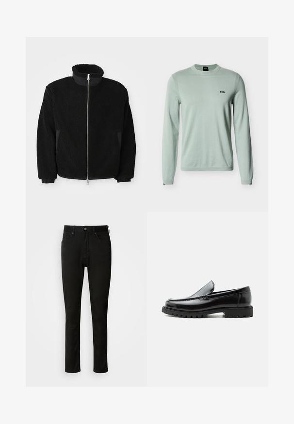 Schwarze Fleece-Jacke mit hohem Kragen, durchgehendem Reißverschluss und gerippten Bündchen. Der Stoff hat ein strukturiertes, fusseliges Aussehen.; Hellgrüner Pullover mit langen Ärmeln und Rundhalsausschnitt, Rippbündchen und dem "BOSS"-Logo auf der linken Brust vor weißem Hintergrund.; Schwarze Slim-Fit-Jeans aus Denim-Stoff, mit Vordertaschen, einem Knopfverschluss und Nahtakzenten, mit einer glatten Textur.; Schwarzer Lederloafer mit grober Gummisohle, genähter Oberseite und geprägtem Markennamen an der Ferse, seitlich auf weißem Hintergrund gezeigt.