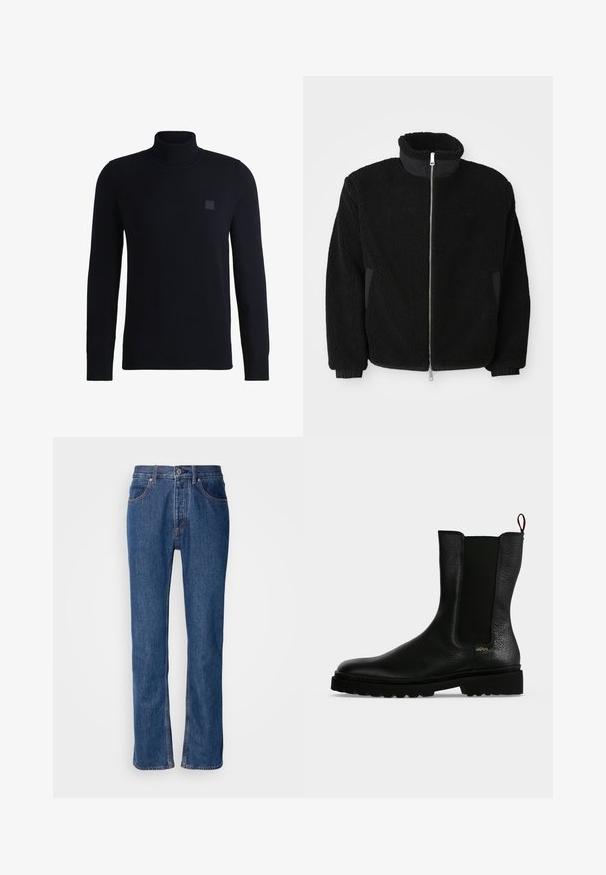 Chaqueta de forro polar negra con cuello alto, cremallera completa y puños acanalados. La tela tiene una apariencia texturizada y difusa.; Suéter de cuello alto en azul marino, confeccionado en suave material de punto, con mangas largas y cuello acanalado. Incluye un parche de logo cuadrado en el pecho.; Vaqueros de mezclilla azul con corte recto, diseño de cinco bolsillos y costuras claras. Presenta un cierre de cremallera y un botón en la parte frontal.; Botín negro de cuero con panel lateral elástico, suela gruesa y lengüeta en la parte trasera, con un pequeño logo dorado "Hugo" cerca del talón.