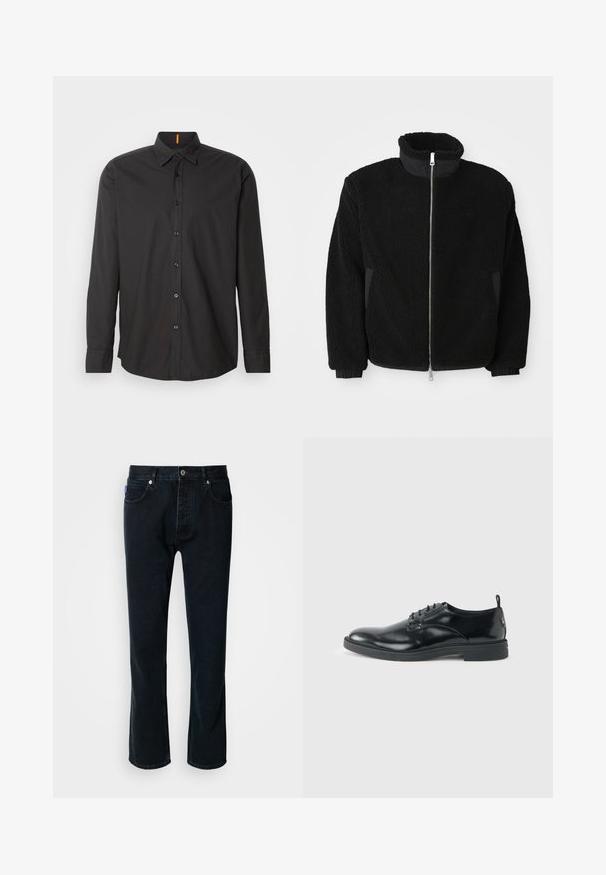 Veste en polaire noire avec un col haut, une fermeture éclair complète et des poignets côtelés. Le tissu a une apparence texturée et duveteuse.; Chemise noire à manches longues en tissu léger. Elle dispose d'un col boutonné, de boutons à l'avant et d'un logo brodé sur la poitrine.; HUGO JONAH - Jean droit - dark blue; Chaussure habillée en cuir noir brillant avec un petit talon, fermeture à lacets et bout rond, vue de côté sur un fond uni et clair.