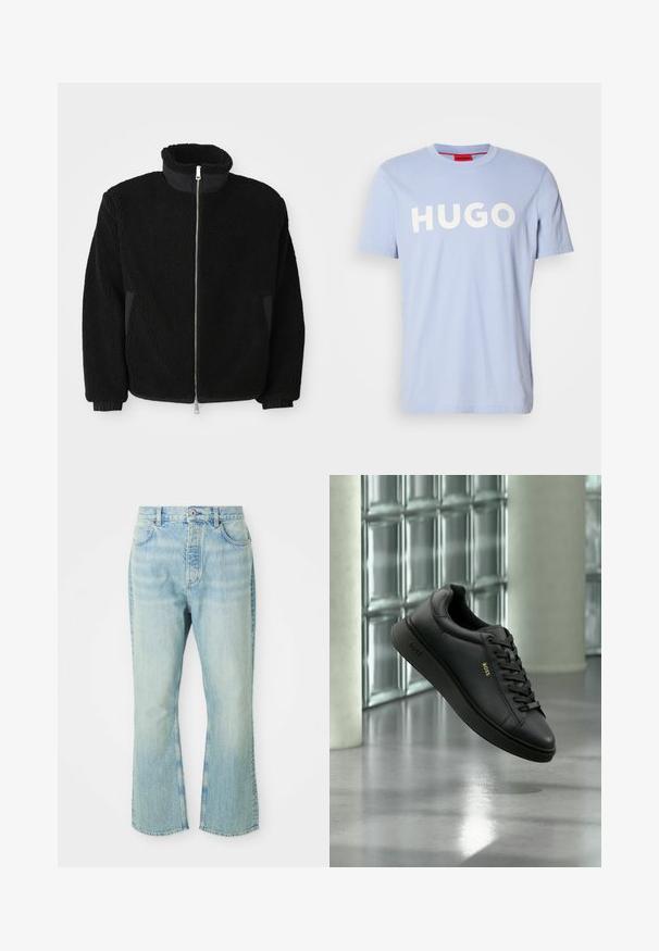 Sort fleecejakke med høj krave, fuld lynlås og ribbede manchetter. Stoffet har en tekstureret, fuzzy overflade.; Lyseblå bomulds T-shirt med rund halsudskæring og korte ærmer. Stort hvidt tekst "HUGO" henover fronten. Glat tekstur.; Lysblå denim flared jeans med høj talje, der har fem lommer, bæltestropper og en toned vævning.; Sort læder BOSS sneaker med snørebånd, der svæver indendørs foran en glasblokvæg og betongulv.