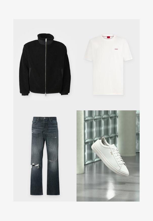 Schwarze Fleece-Jacke mit hohem Kragen, durchgehendem Reißverschluss und gerippten Bündchen. Der Stoff hat ein strukturiertes, fusseliges Aussehen.; Schlichtes weißes T-Shirt mit kurzen Ärmeln und Rundhalsausschnitt, kleinem roten "HUGO"-Logo auf der linken Brust und rotem Label im Kragen.; Dunkel gewaschene Denim-Jeans mit lockerer Passform, die zwei aufgerissene Kniebereiche, einen standardmäßigen Knopfverschluss und ein Fünf-Taschen-Design aufweisen.; Weißer Leder-Low-Top-Sneaker mit Schnürsenkeln, schwarzer Fersenschlaufe und „BOSS“-Logo, der drinnen nahe einer Glassteinwand und einem polierten Boden schwebt.