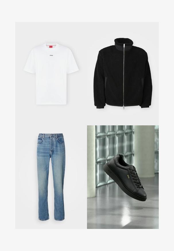 Schwarze Fleece-Jacke mit hohem Kragen, durchgehendem Reißverschluss und gerippten Bündchen. Der Stoff hat ein strukturiertes, fusseliges Aussehen.; Weißes T-Shirt mit kurzen Ärmeln und kleinem schwarzem "HUGO" Logo mittig auf der Brust und einem roten Etikett innen im Kragen.; Helle blaue, gerade geschnittene Denim-Jeans mit hoher Taille, vorderem Knopf, Reißverschluss und Fünf-Taschen-Design.; Schwarzer Ledersneaker von BOSS mit Schnürsenkeln, schwebend in Innenräumen vor einer Wand aus Glasbausteinen und einem Betonboden.