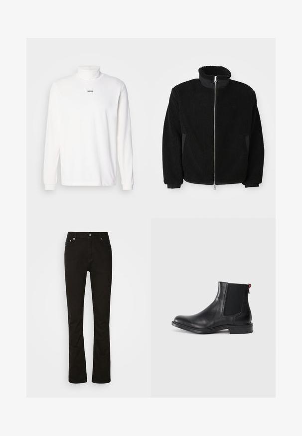 Sort fleecejakke med høj krave, fuld lynlås og ribbede manchetter. Stoffet har en tekstureret, fuzzy overflade.; Hvid langærmet turtleneck trøje lavet af blødt stof, med et diskret sort "HUGO" logo på forsiden og tætsiddende manchetter.; Sorte denimjeans med lige ben-design, der har frontlommer, lynlåsgylpter og sølvfarvede hardware-detaljer. Glat tekstur, ingen mønstre.; Sort læder Chelsea-støvle med elastiske sidepaneler, afrundet tå og lav, stablet hæl. Har en rød løftestrop og subtil branding på siden.
