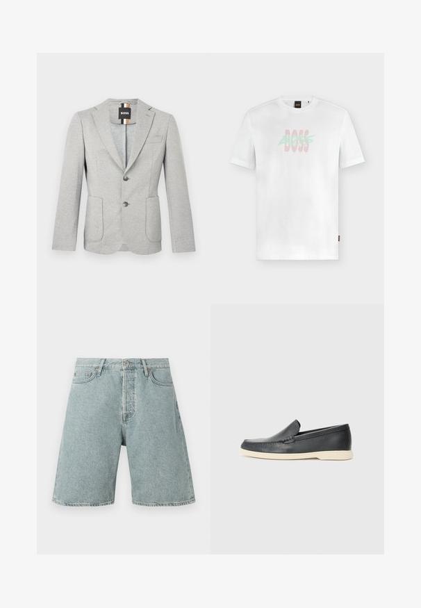 Hellgrauer Herrenblazer mit zwei vorderen Knöpfen, aufgesetzten Taschen, Schlitzrevers und einem schwarzen "BOSS" Markenetikett am inneren Kragen.; Weißes Kurzarm-T-Shirt mit rundem Halsausschnitt und überlappendem pastellgrünem und rosa "BOSS"-Schriftzug mittig auf der Brust.; Hellblaue Jeans-Shorts mit lässiger Passform, fünf Taschen und Knopfverschluss. Abgeriebene Textur mit sichtbaren Nähten.; Schwarzer Loafer aus Leder zum Hineinschlüpfen mit beiger Sohle, schwebend in der Luft nahe einem Metall-Draht-Magazinhalter auf einem Terrazzo-Boden.