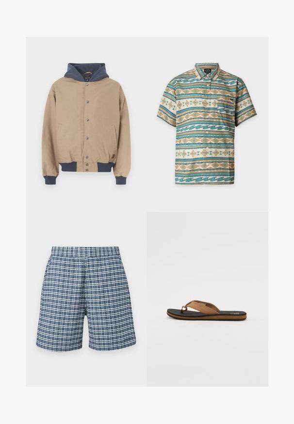 Tan jakke med en navy hætte, knaplukning foran og ribbede manchetter. Har to sidelommer og et afslappet fit-design.; Kortærmet skjorte med knapper med turkis, beige og hvide horisontale striber med geometriske og bølgede mønstre og en venstre brystlomme.; Blå og hvide ternede shorts med elastisk talje og lige ben, vist på en ensfarvet baggrund.; Brun flip-flop med en tekstureret sort gummisål, der har en glat suedestrop og et minimalistisk design. Kantfarven kontrasterer med sålen.