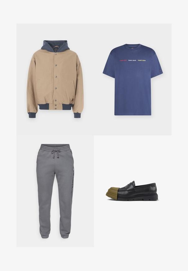 Chaqueta color canela con capucha azul marino, cierre frontal con botones a presión y puños acanalados. Cuenta con dos bolsillos laterales y un diseño de corte relajado.; Camiseta de manga corta azul marino con "TOMMY JEANS" impreso tres veces en el pecho en texto rojo, blanco y amarillo.; Champion ICONS ELASTIC-CUFF SLIM FIT - Pantalones deportivos - foggy; Mocasín de cuero negro con suela gruesa y puntera de goma verde oliva sobredimensionada que se extiende hacia adelante.